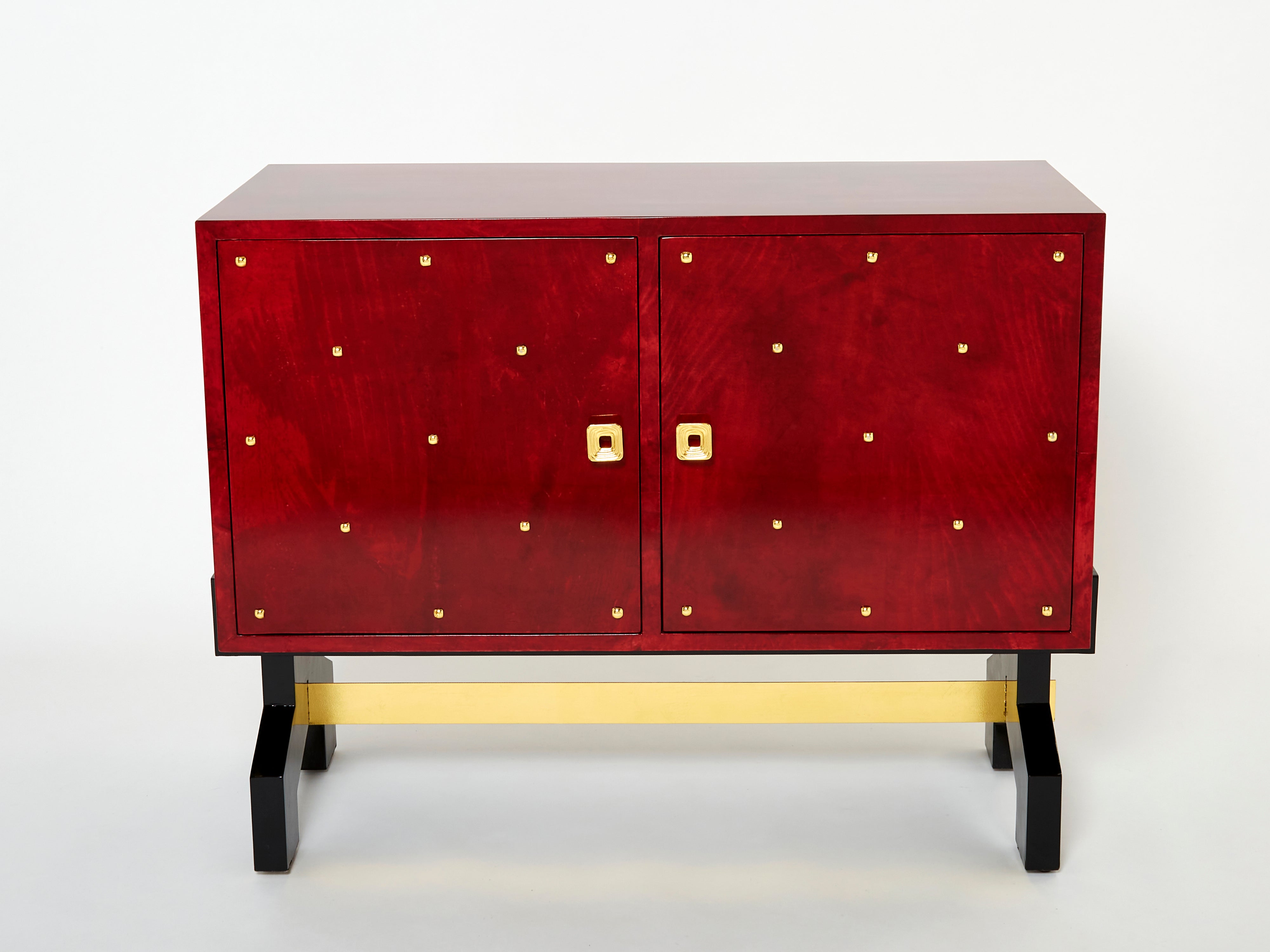 Aldo Tura red goatskin parchment brass cabinet bar 1960s