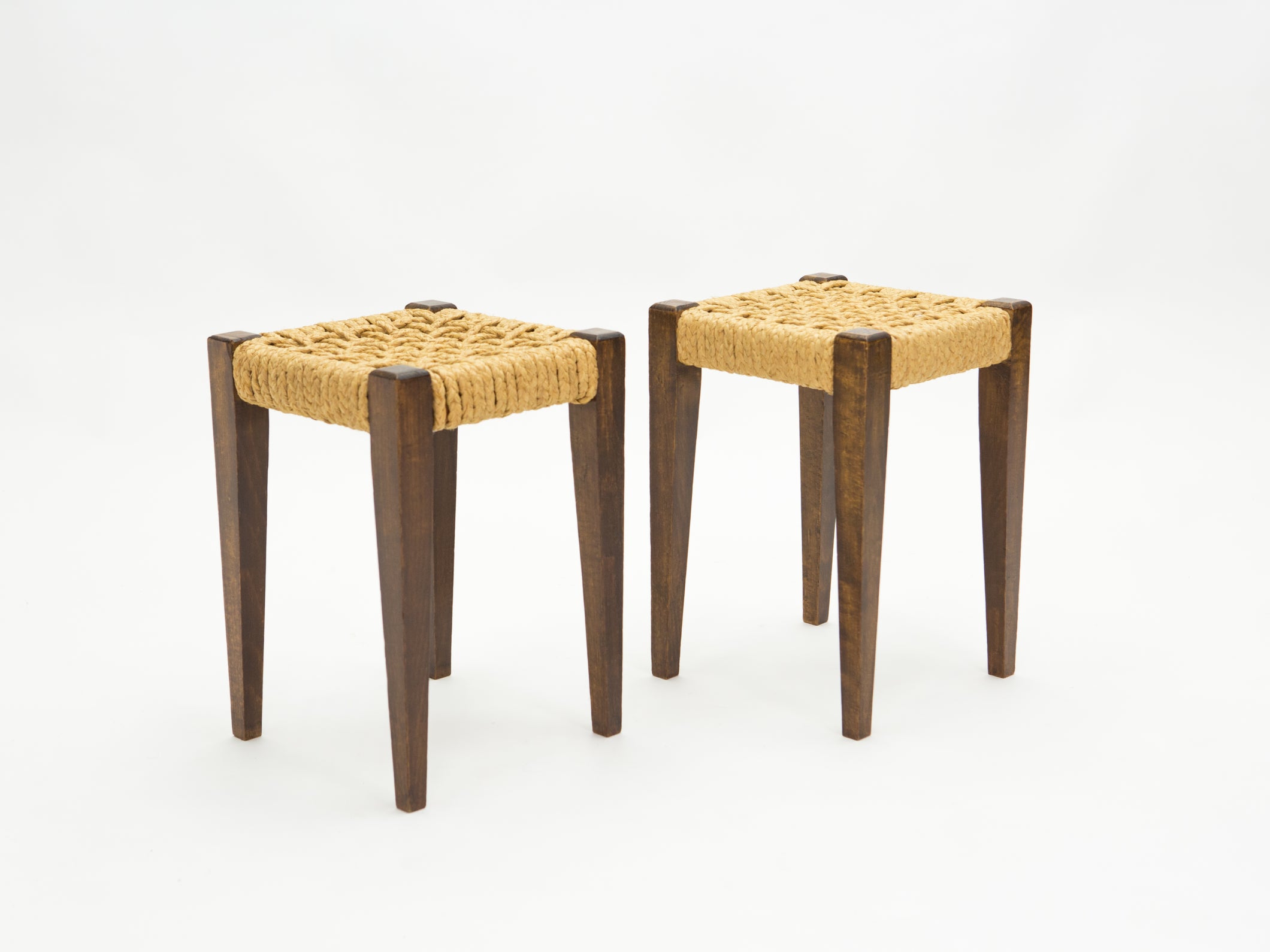 Pair of stools rope and oakwood by Audoux Minet 1950s