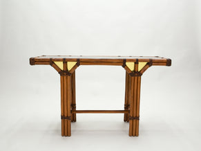 Bamboo and brass French console table black glass top 1970s