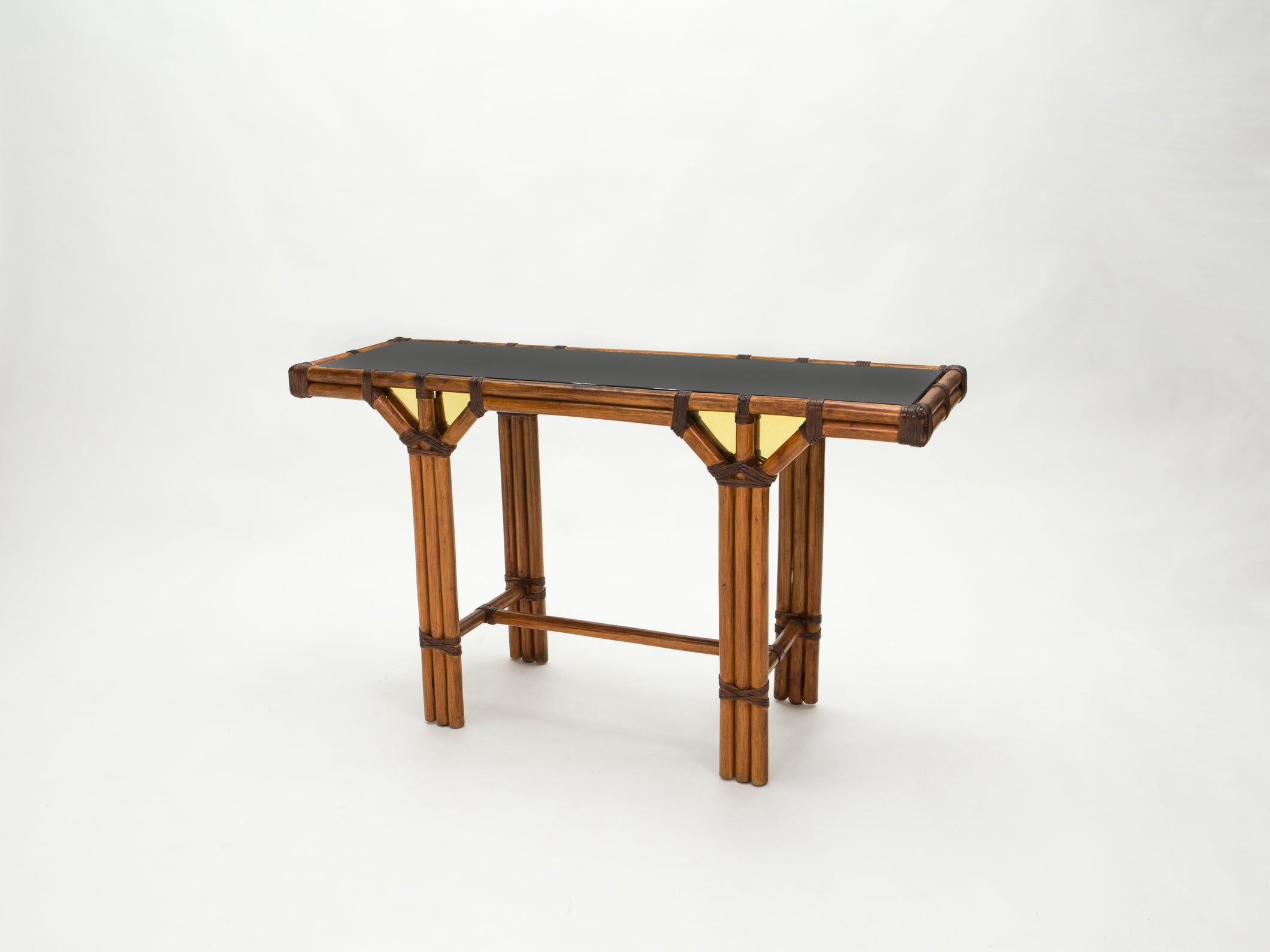 Bamboo and brass French console table black glass top 1970s