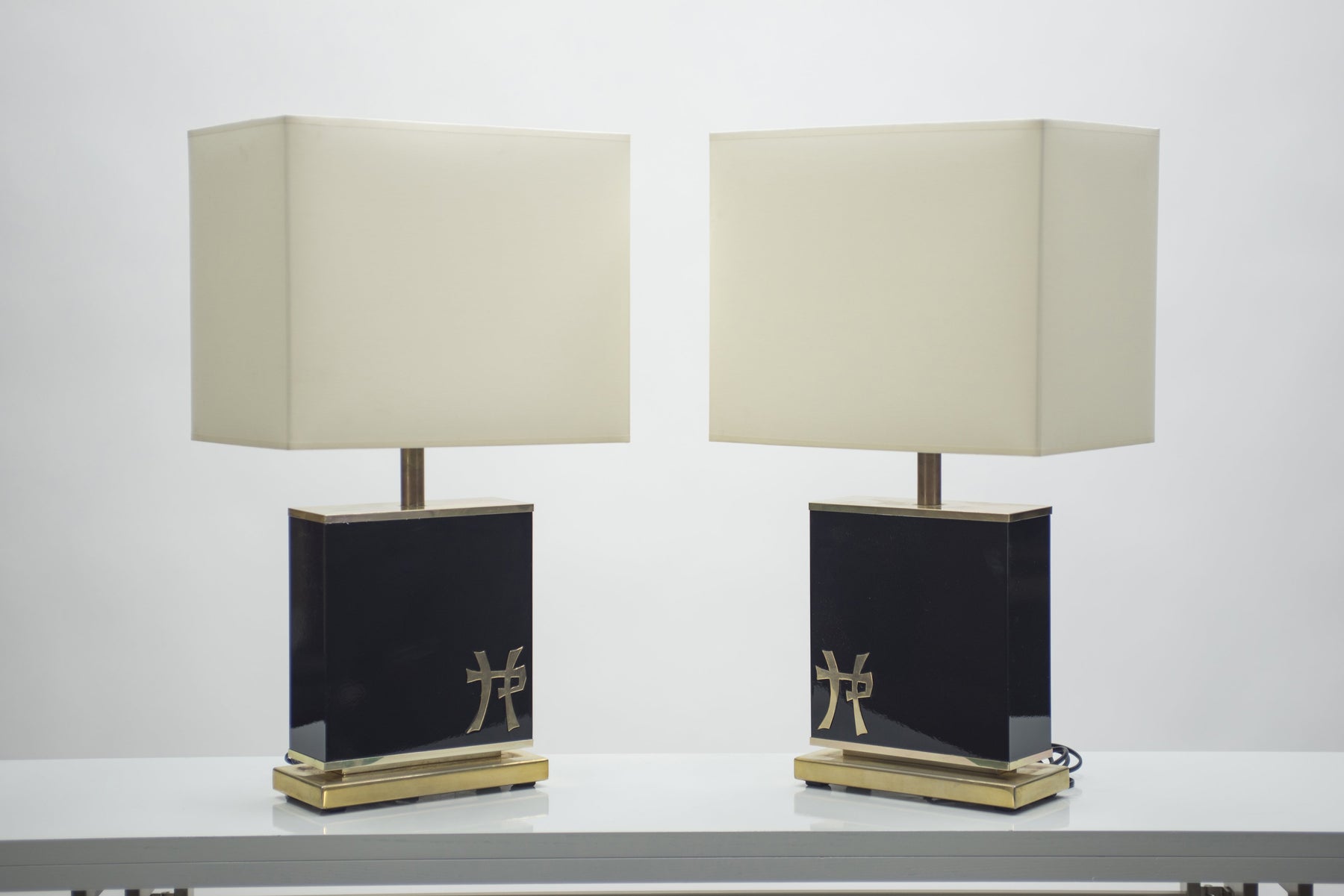 Pair of large Mid-century J.C. Mahey black lacquer and brass table lamps 1970s