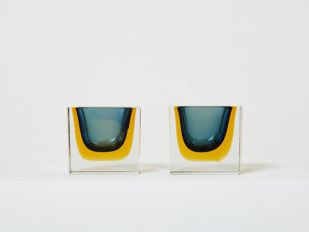 Flavio Poli pair of faceted small bowls Murano glass for Seguso 1960