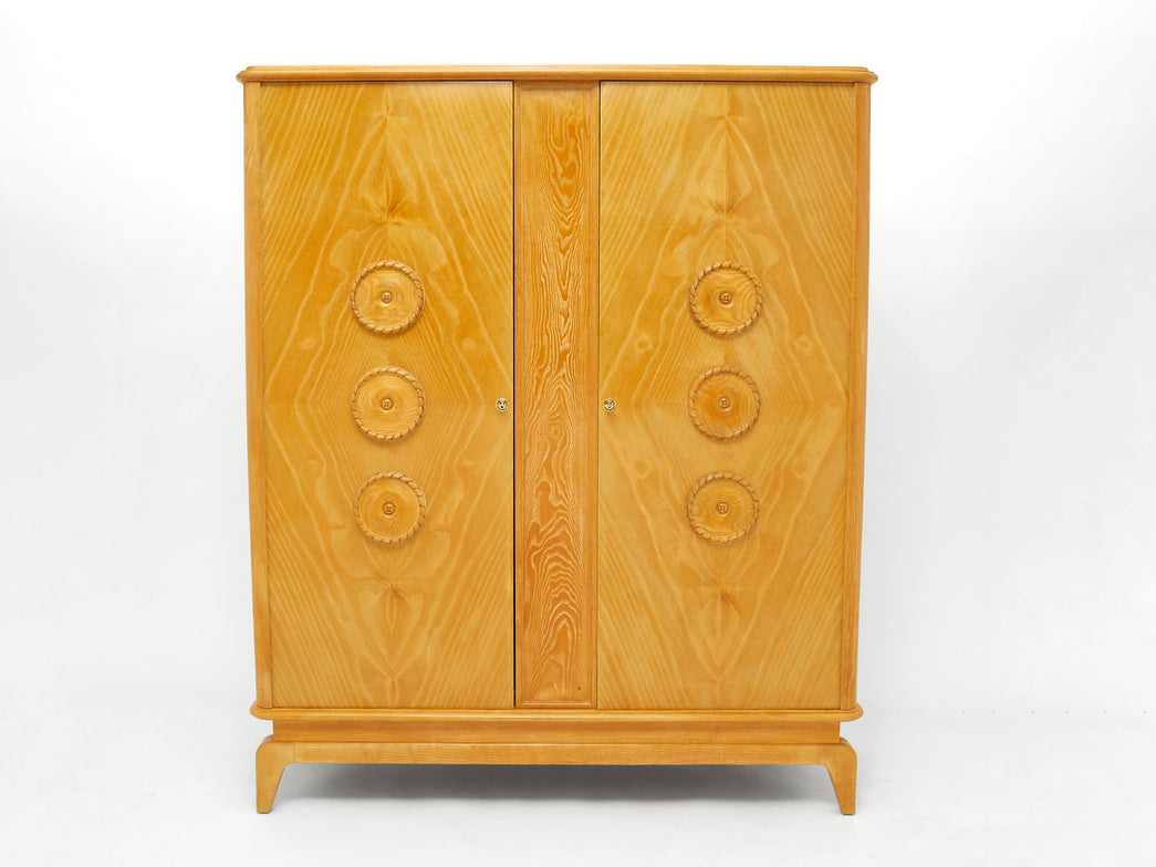 French Art Deco carved ash wood cabinet wardrobe 1950s