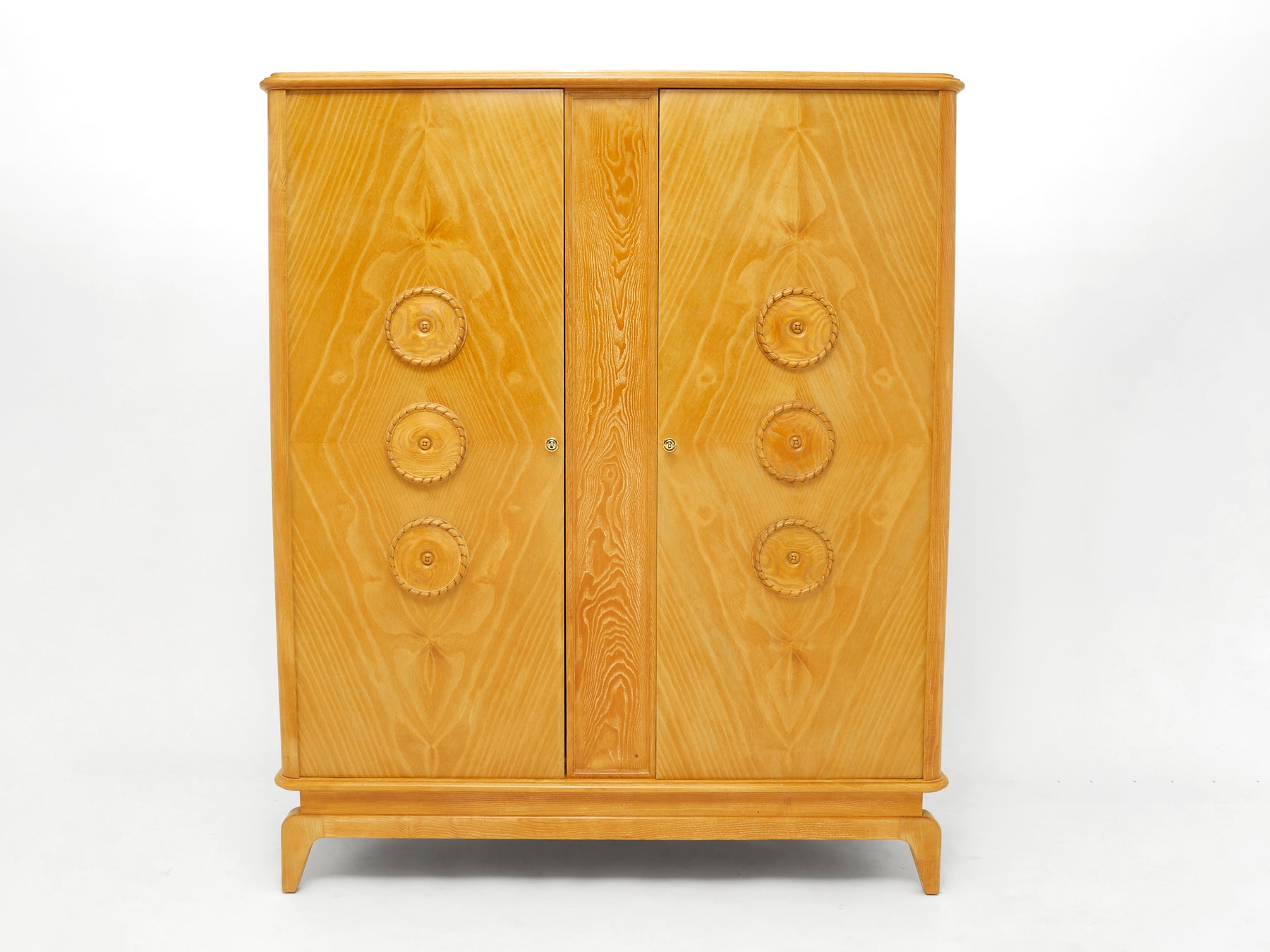 French Art Deco carved ash wood cabinet wardrobe 1950s
