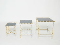 French Maison Baguès bamboo brass black top nesting tables 1960s