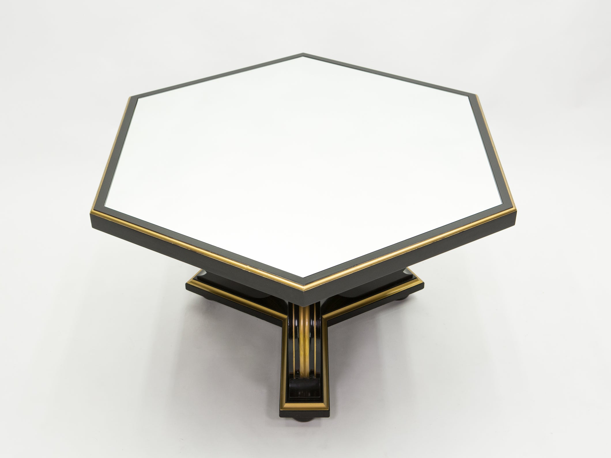 Table à manger néoclassique Maurice Hirsch bois noir doré miroir 1970