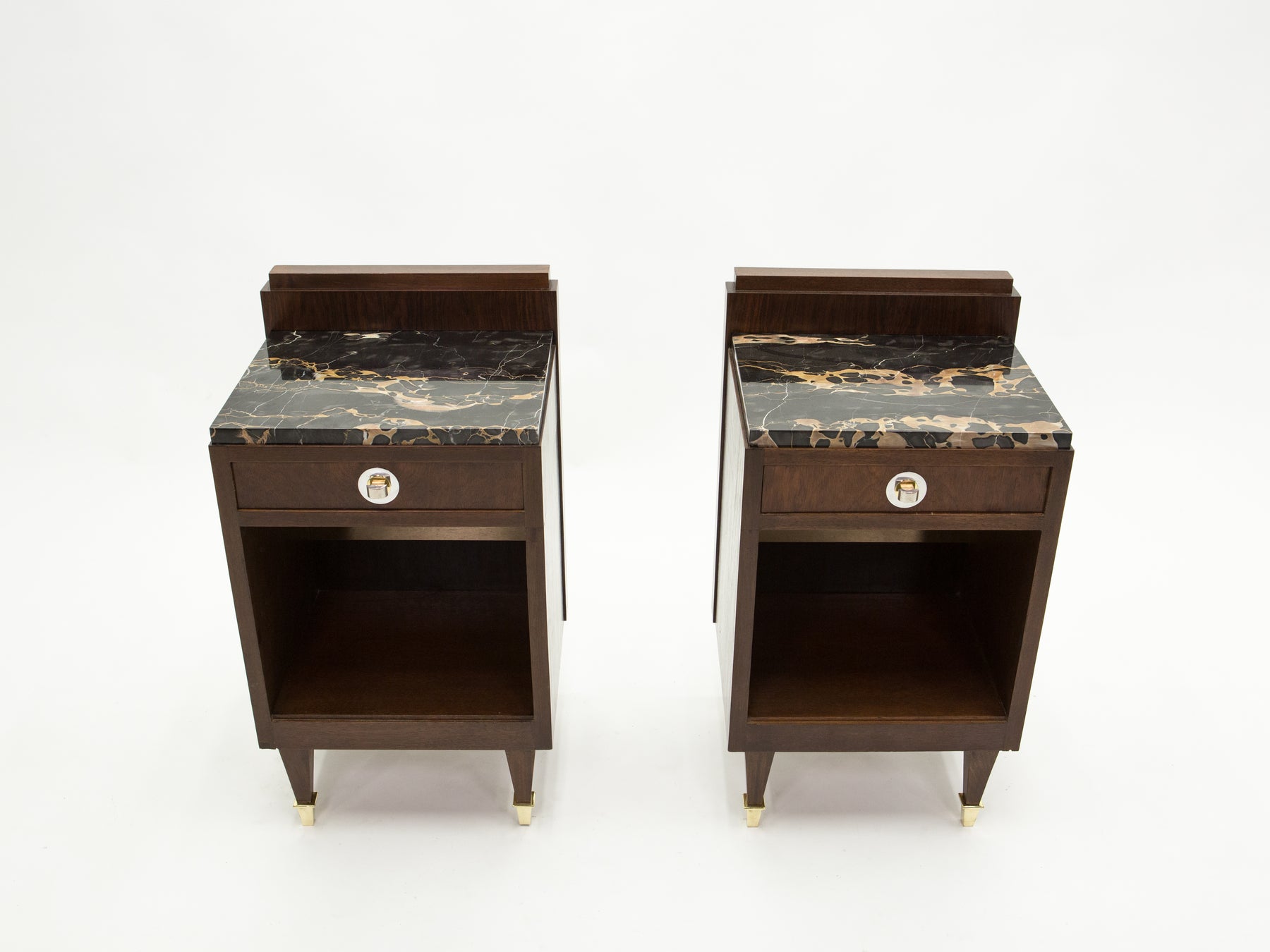 French art deco rosewood brass marble nightstands 1940s