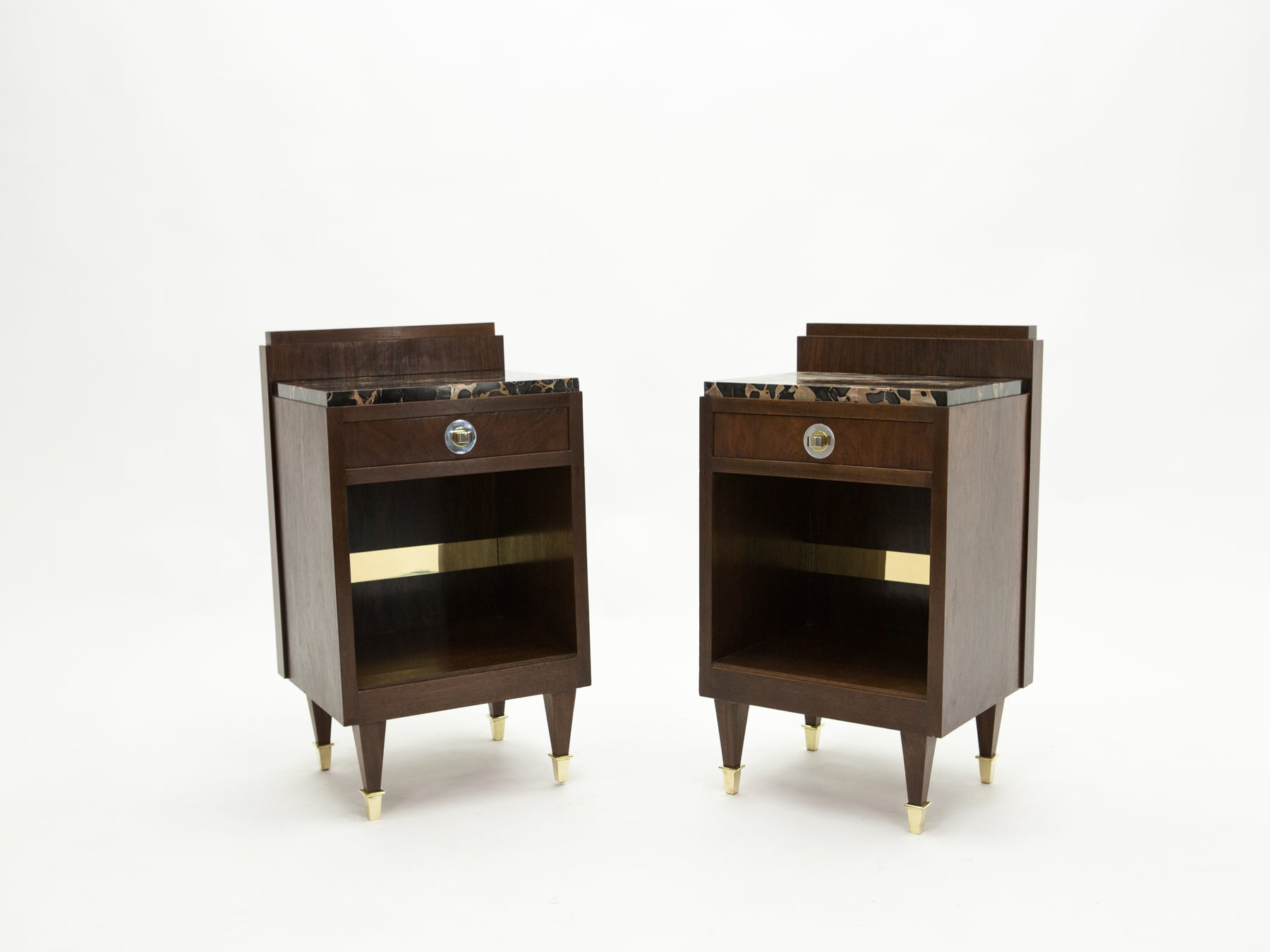 French art deco rosewood brass marble nightstands 1940s