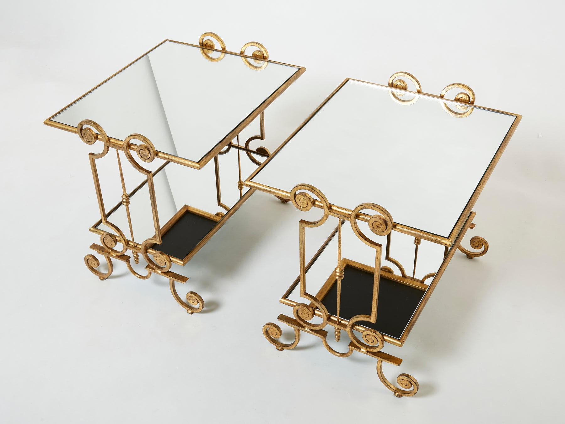 French pair of gilt wrought iron mirror two-tier end tables 1950s