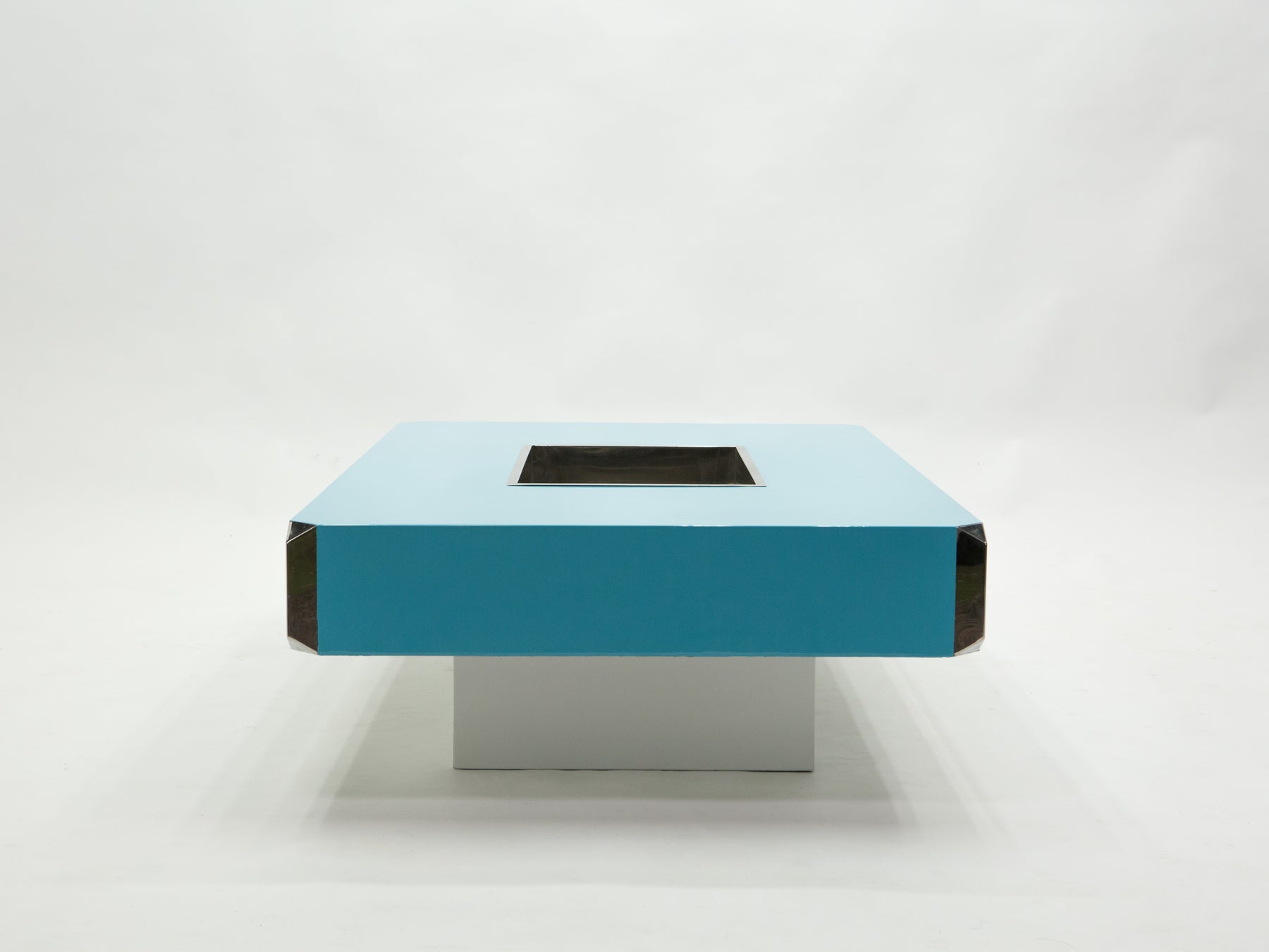 Willy Rizzo blue lacquer and chrome bar coffee table Alveo 1970s