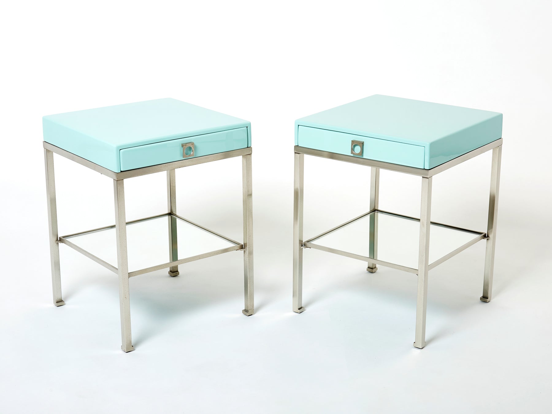 Blue lacquer steel end tables nighstands Guy Lefevre Maison Jansen 1970s
