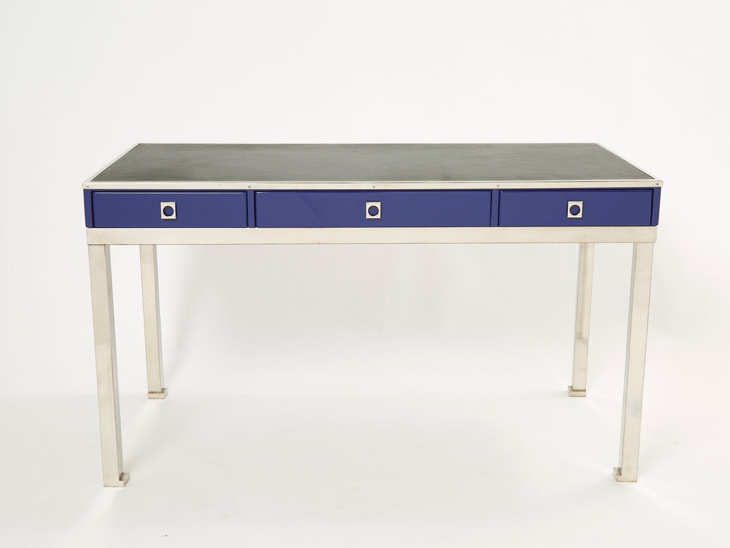 Desk table Guy Lefevre Maison Jansen blue lacquer steel leather top 1970s