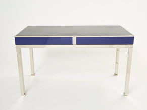 Desk table Guy Lefevre Maison Jansen blue lacquer steel leather top 1970s