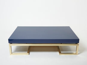 Grande table basse laquée bleue laiton Guy Lefèvre Maison Jansen 1970