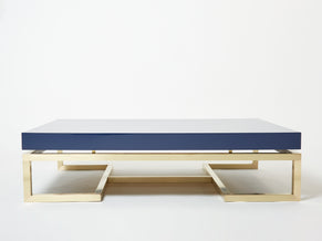 Grande table basse laquée bleue laiton Guy Lefèvre Maison Jansen 1970