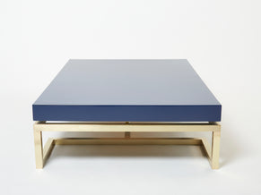 Grande table basse laquée bleue laiton Guy Lefèvre Maison Jansen 1970