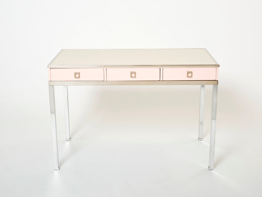 Desk table Guy Lefevre Maison Jansen rose lacquer steel leather top 1970s