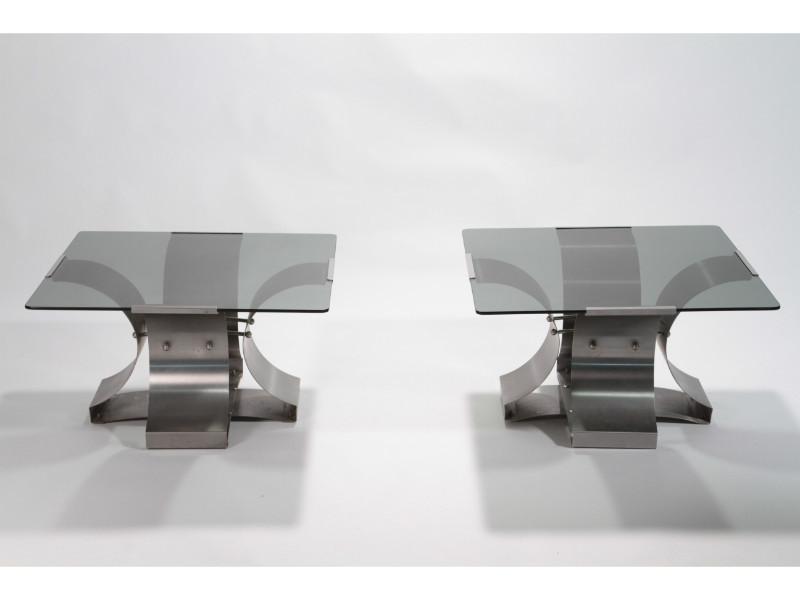 Mid-century glass and steel end tables by François Monnet 1970s