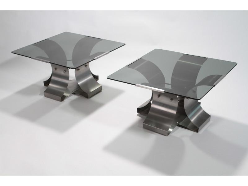 Mid-century glass and steel end tables by François Monnet 1970s