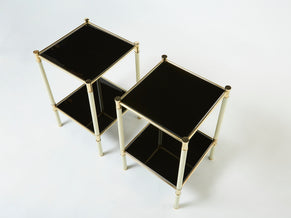 Italian Tommaso Barbi two-tier brass off white black end tables 1970s