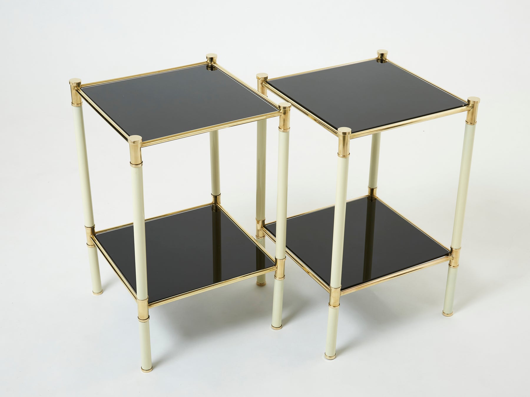Italian Tommaso Barbi two-tier brass off white black end tables 1970s
