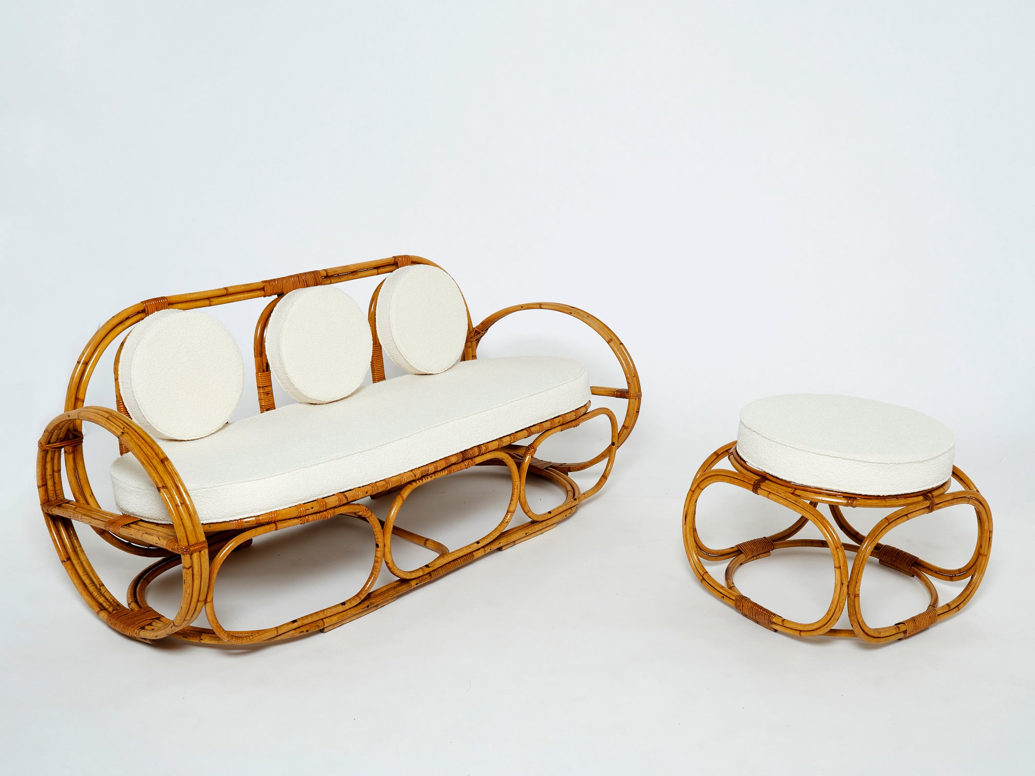 Italian bamboo living room set French bouclé fabric early 1960s