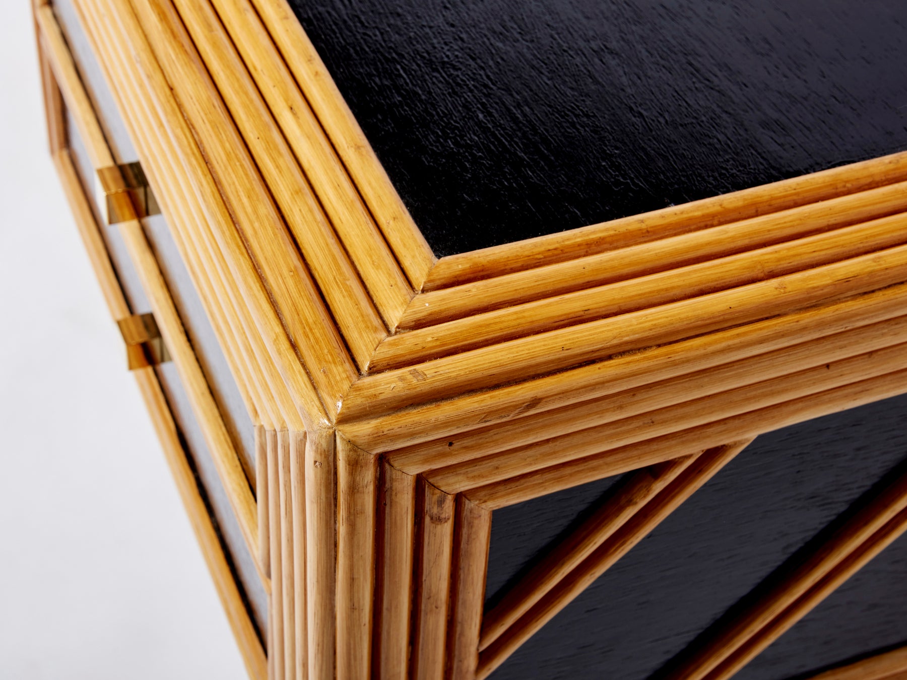 Italian rattan black painted wood brass handles executive desk 1970s