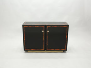 Black lacquer burl wood brass cabinet sideboard by J.C. Mahey 1970s