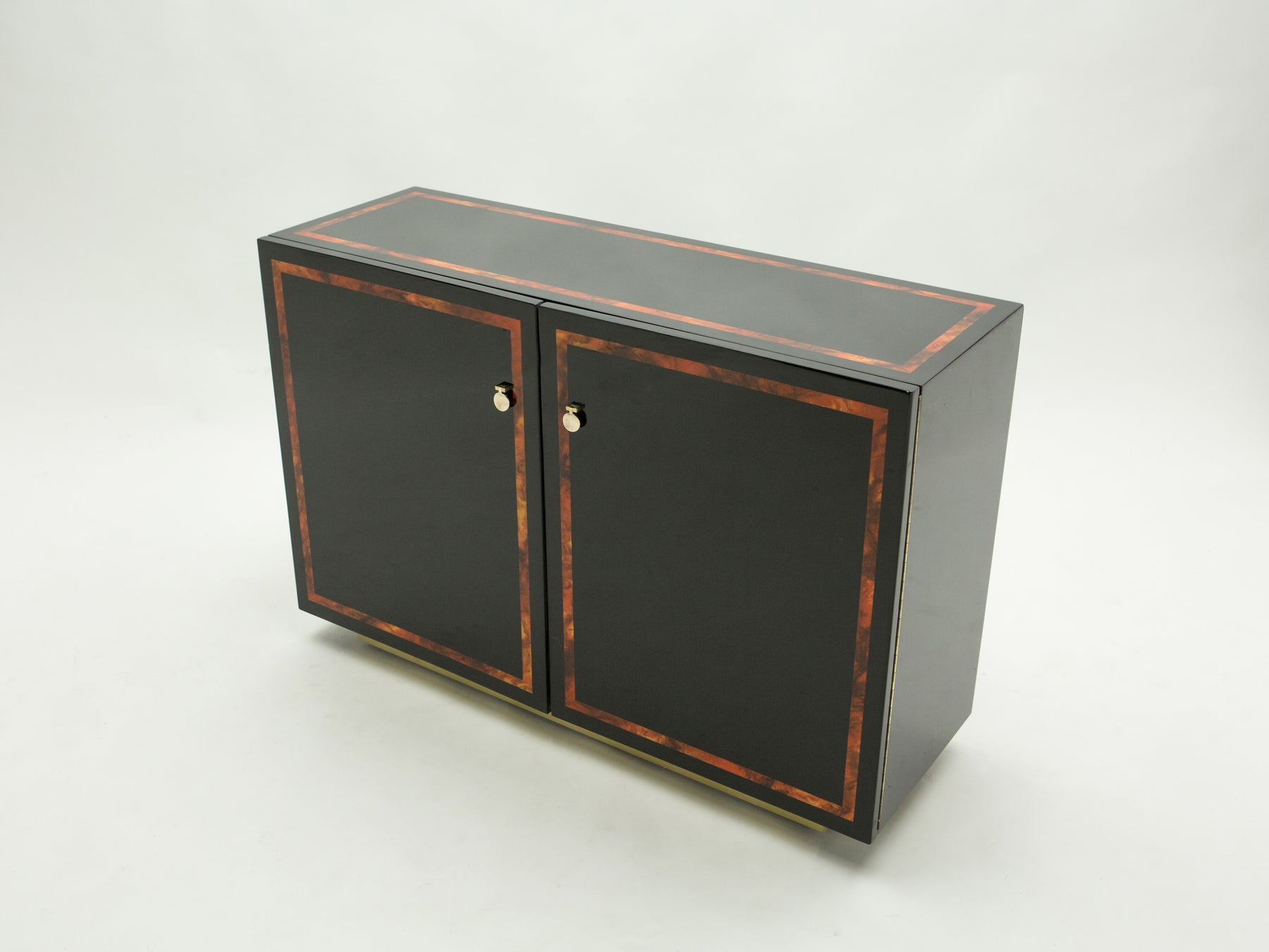 Black lacquer burl wood brass cabinet sideboard by J.C. Mahey 1970s