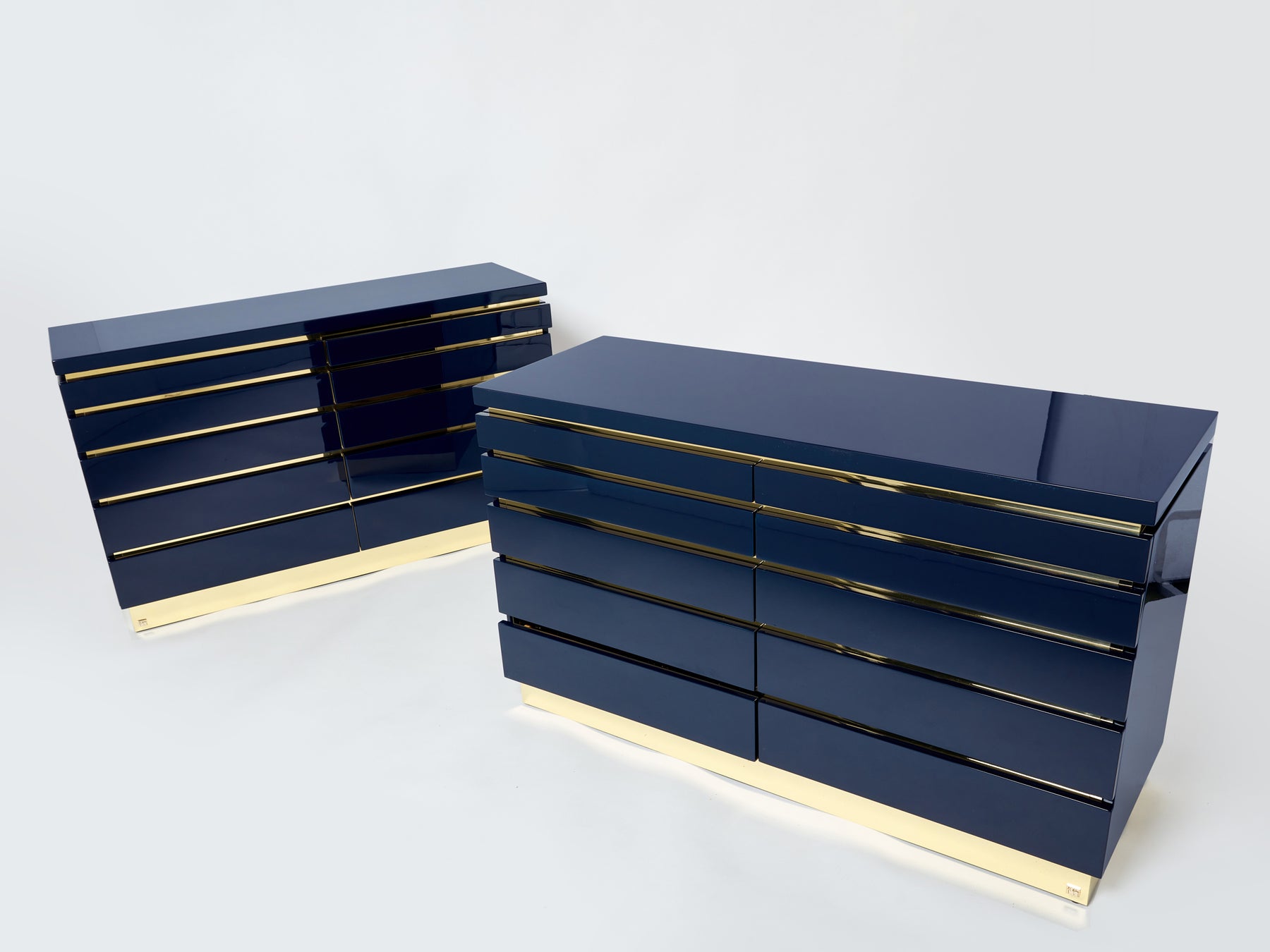 Pair of Jean-Claude Mahey dark blue lacquered brass commodes 1970s