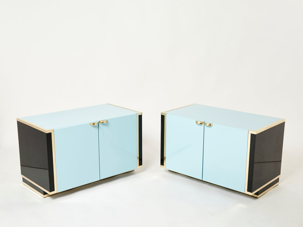 Pair of small blue black lacquer and brass cabinets by J.C. Mahey 1970s
