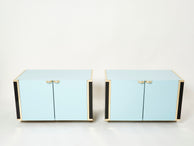 Pair of small blue black lacquer and brass cabinets by J.C. Mahey 1970s