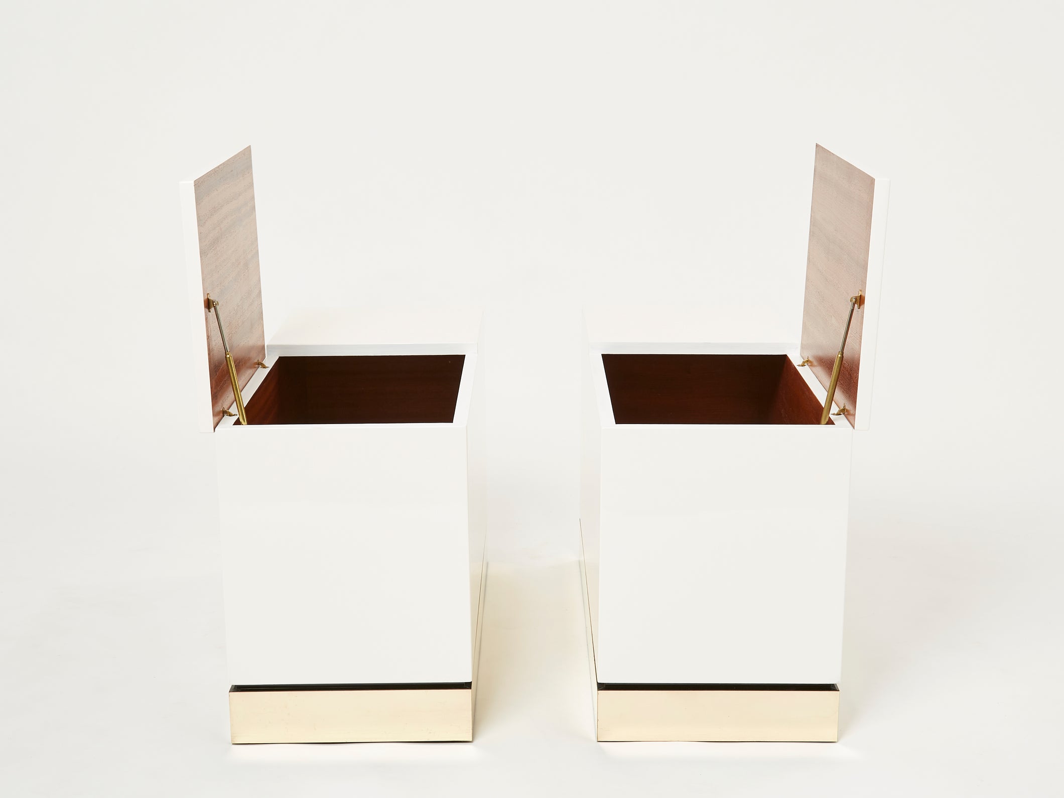 Pair of trunk end tables by J.C. Mahey brass white lacquered 1970s