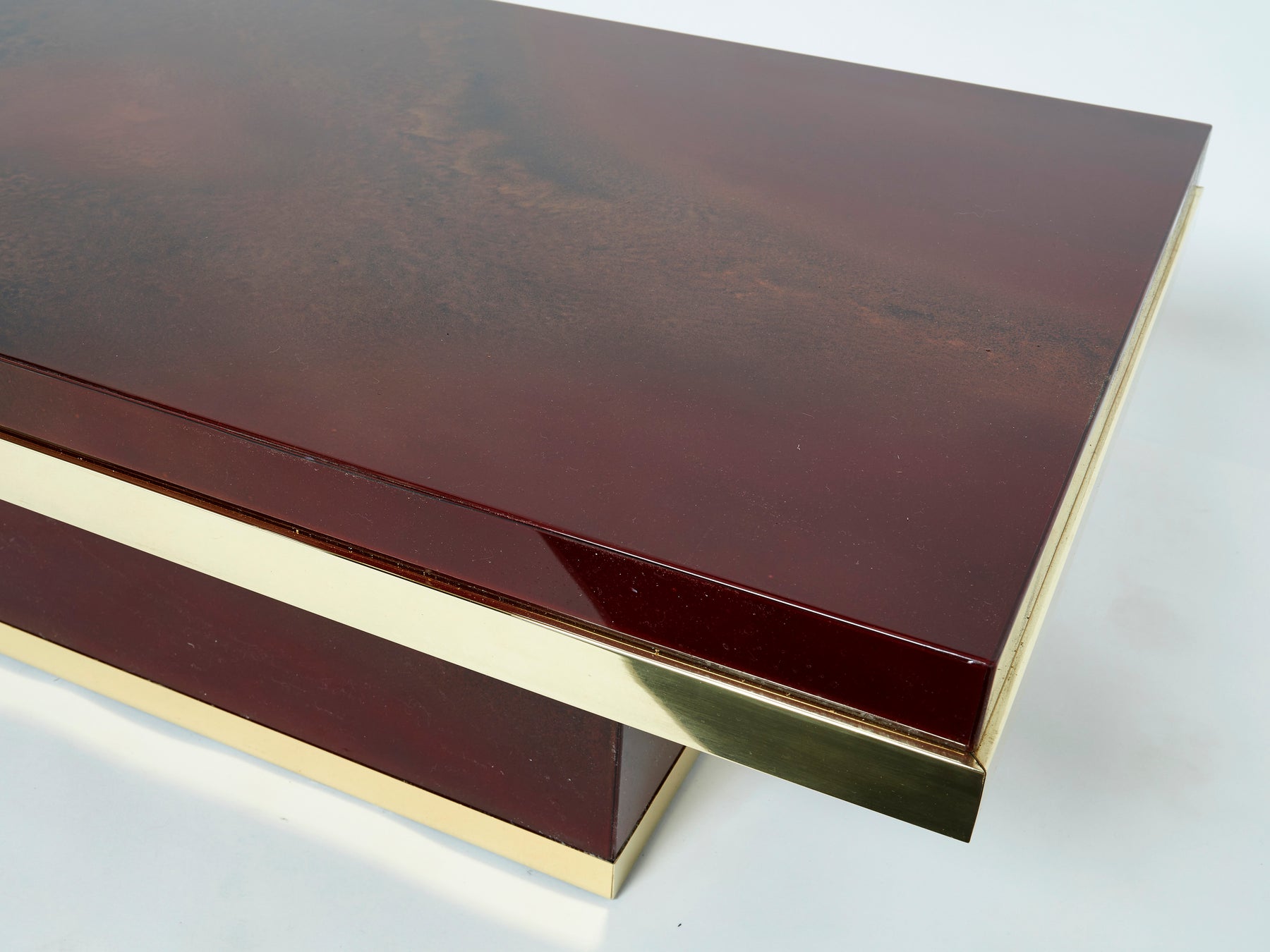 J.C. Mahey cherry red lacquer and brass coffee table 1970s