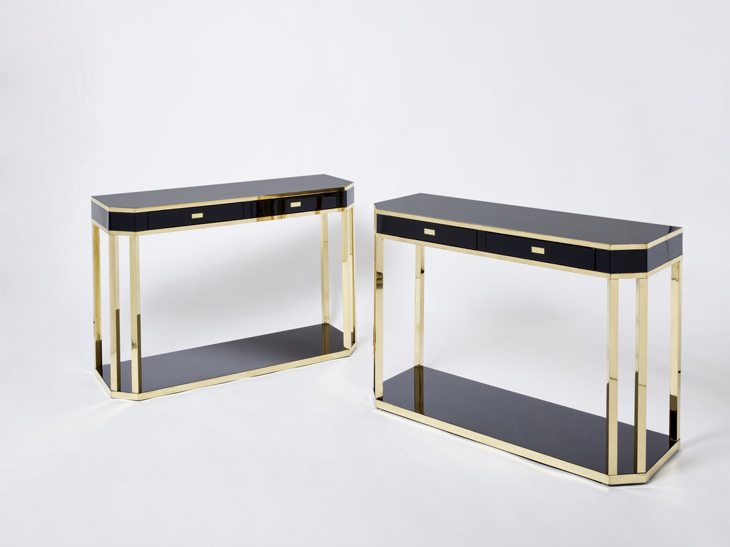 Pair of J.C. Mahey black lacquered brass console tables 1970s
