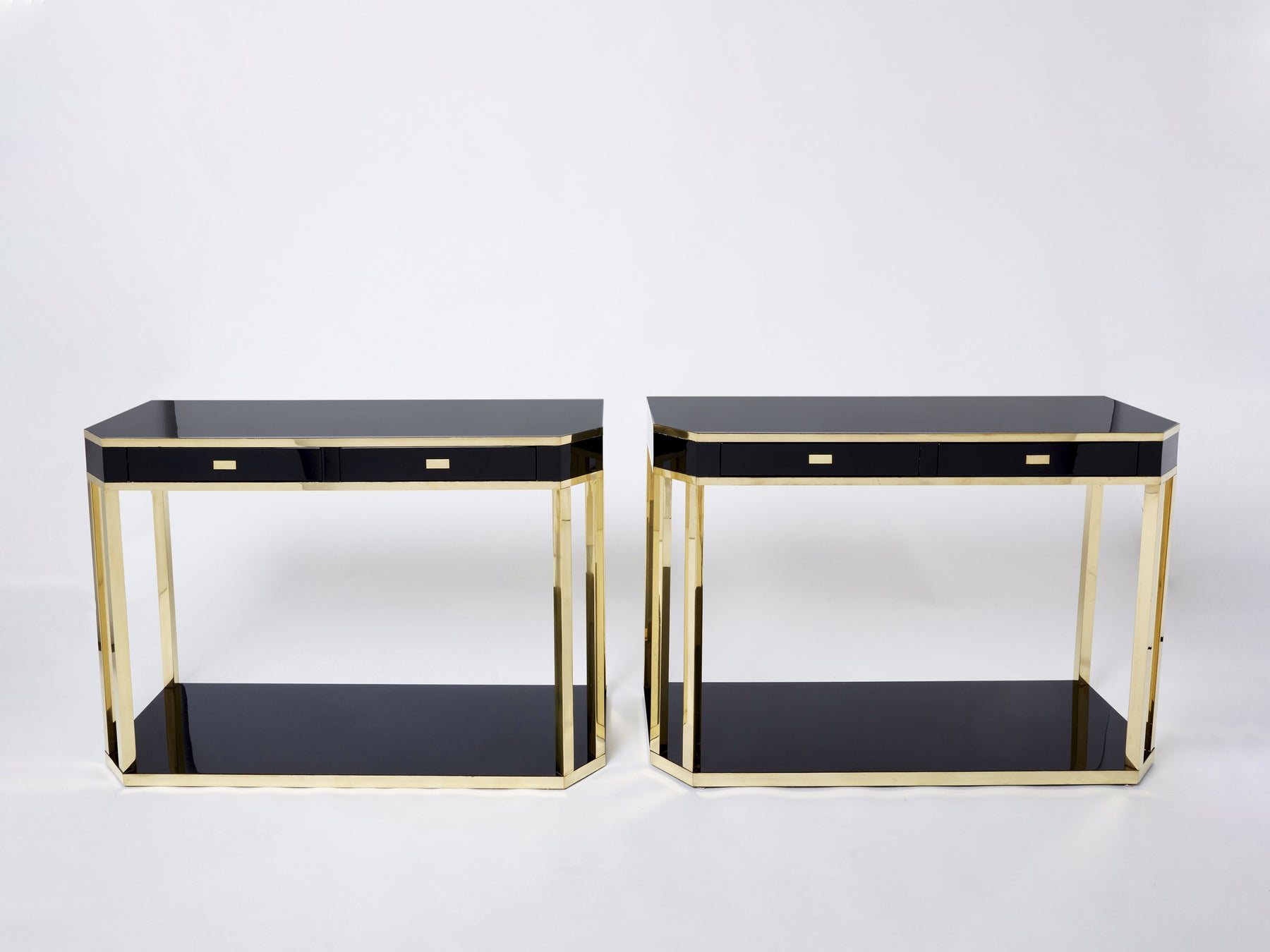 Pair of Jean-Claude Mahey black lacquered brass console tables 1970s