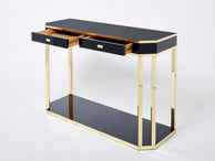 Pair of Jean-Claude Mahey black lacquered brass console tables 1970s