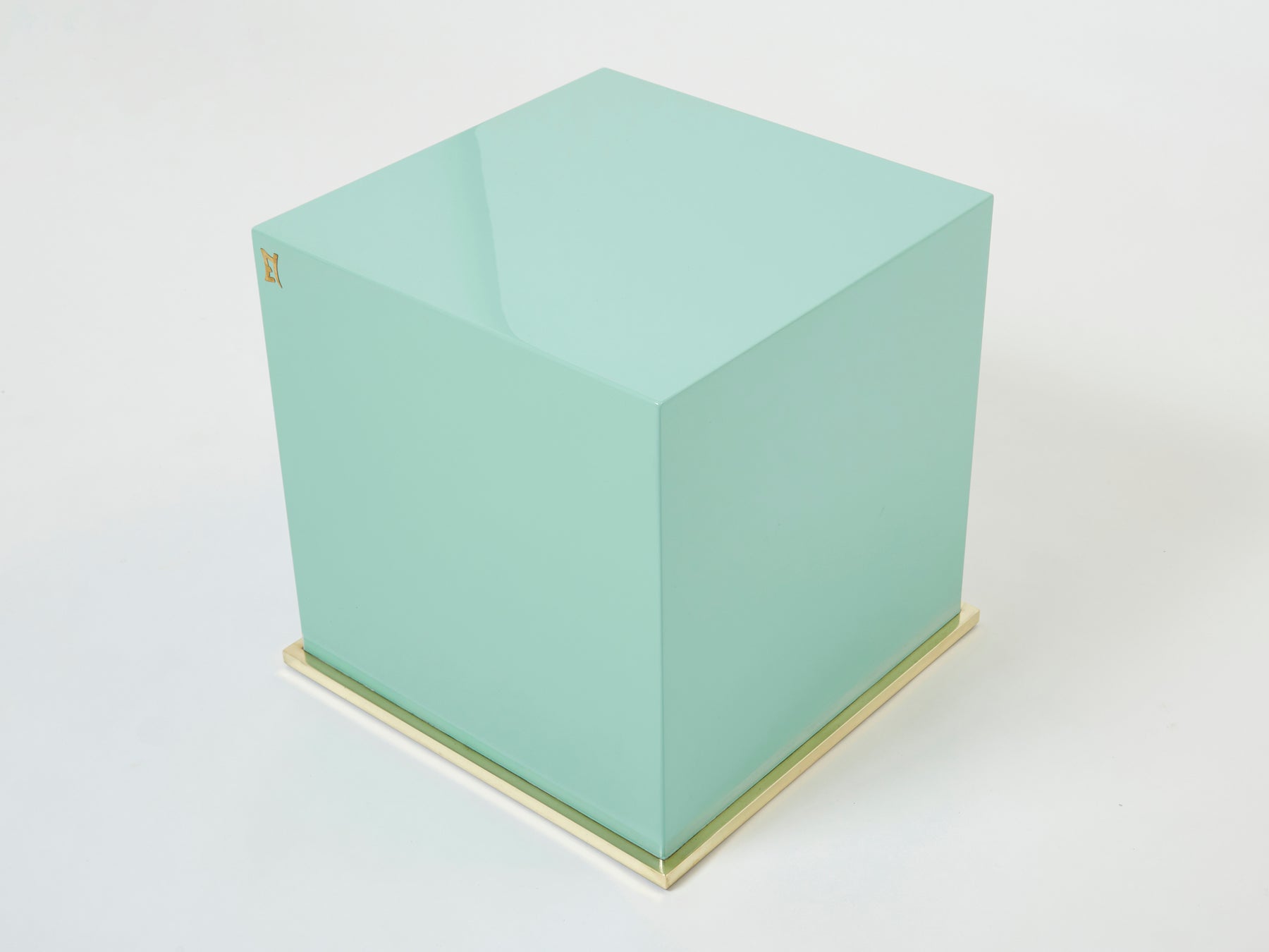 J.C. Mahey turquoise blue lacquer and brass cube end tables 1970s