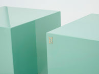 J.C. Mahey turquoise blue lacquer and brass cube end tables 1970s