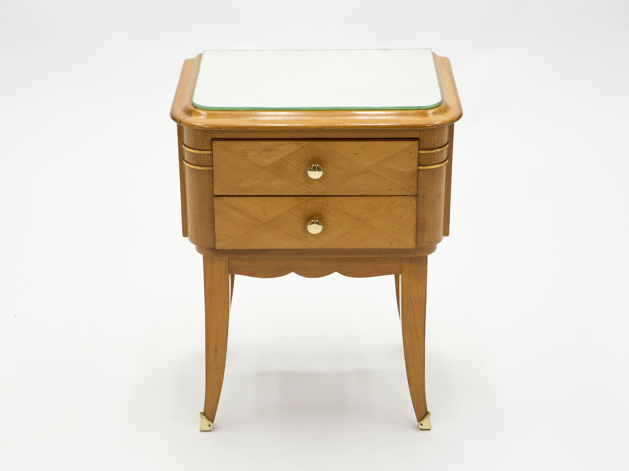 French sycamore brass Night Stands 2 drawers by Jean Pascaud 1940s