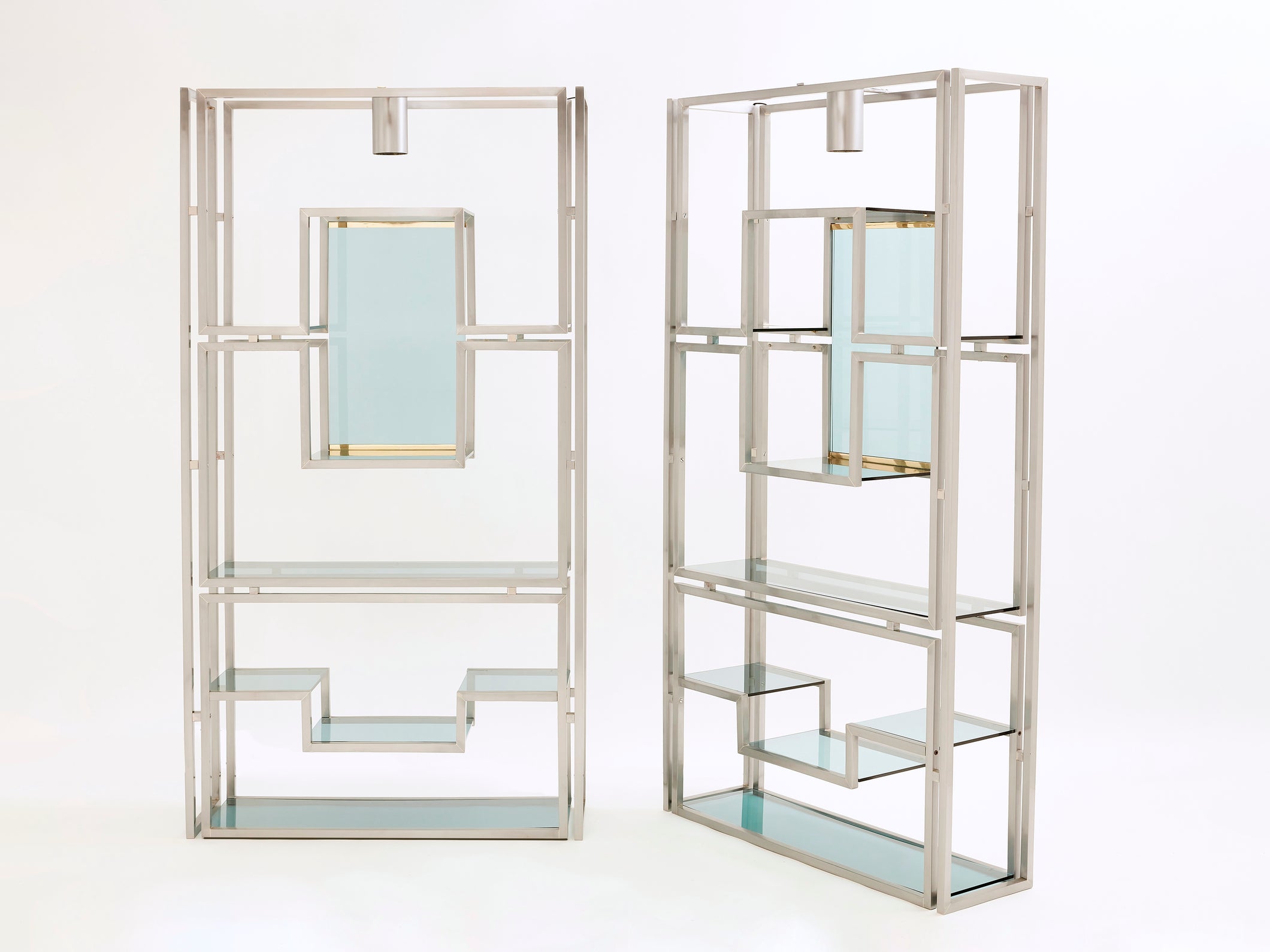 Pair of Kim Moltzer brushed steel brass green lucite shelving units 1970s