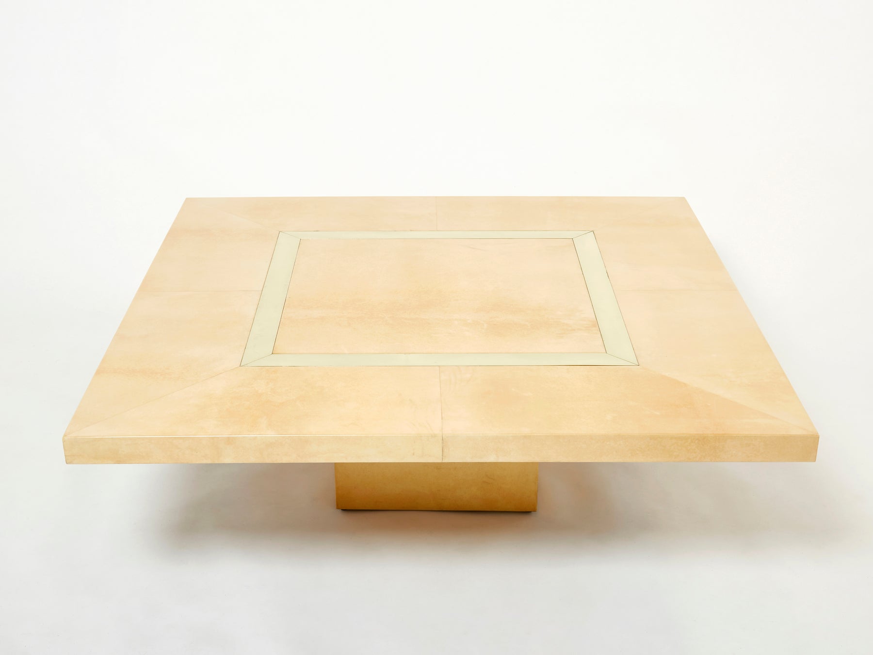 Large Aldo Tura goatskin beige parchment brass coffee table 1960