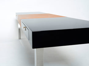 Large Desk table Guy Lefevre Maison Jansen black lacquer chrome brass 1970s