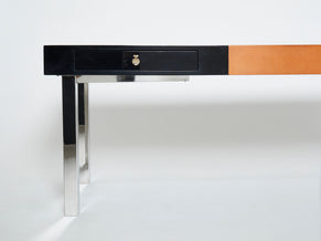 Large Desk table Guy Lefevre Maison Jansen black lacquer chrome brass 1970s