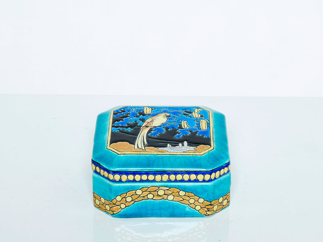 Grande boite Turquoise Art déco Emaux de Longwy Perroquet 1925 