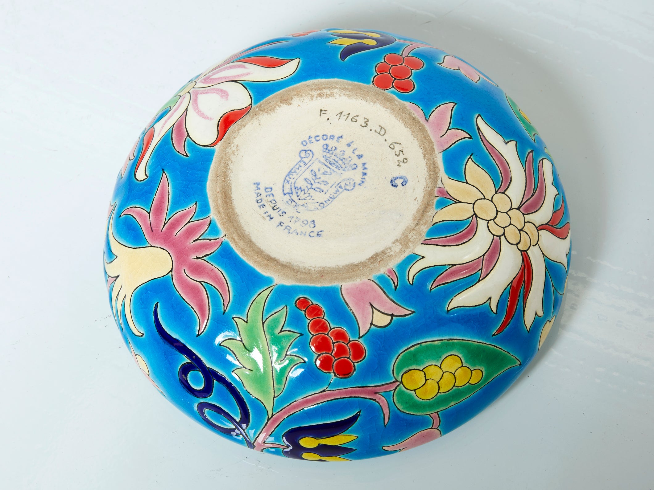 Grande boite ronde bleu turquoise Art déco Emaux de Longwy 1950