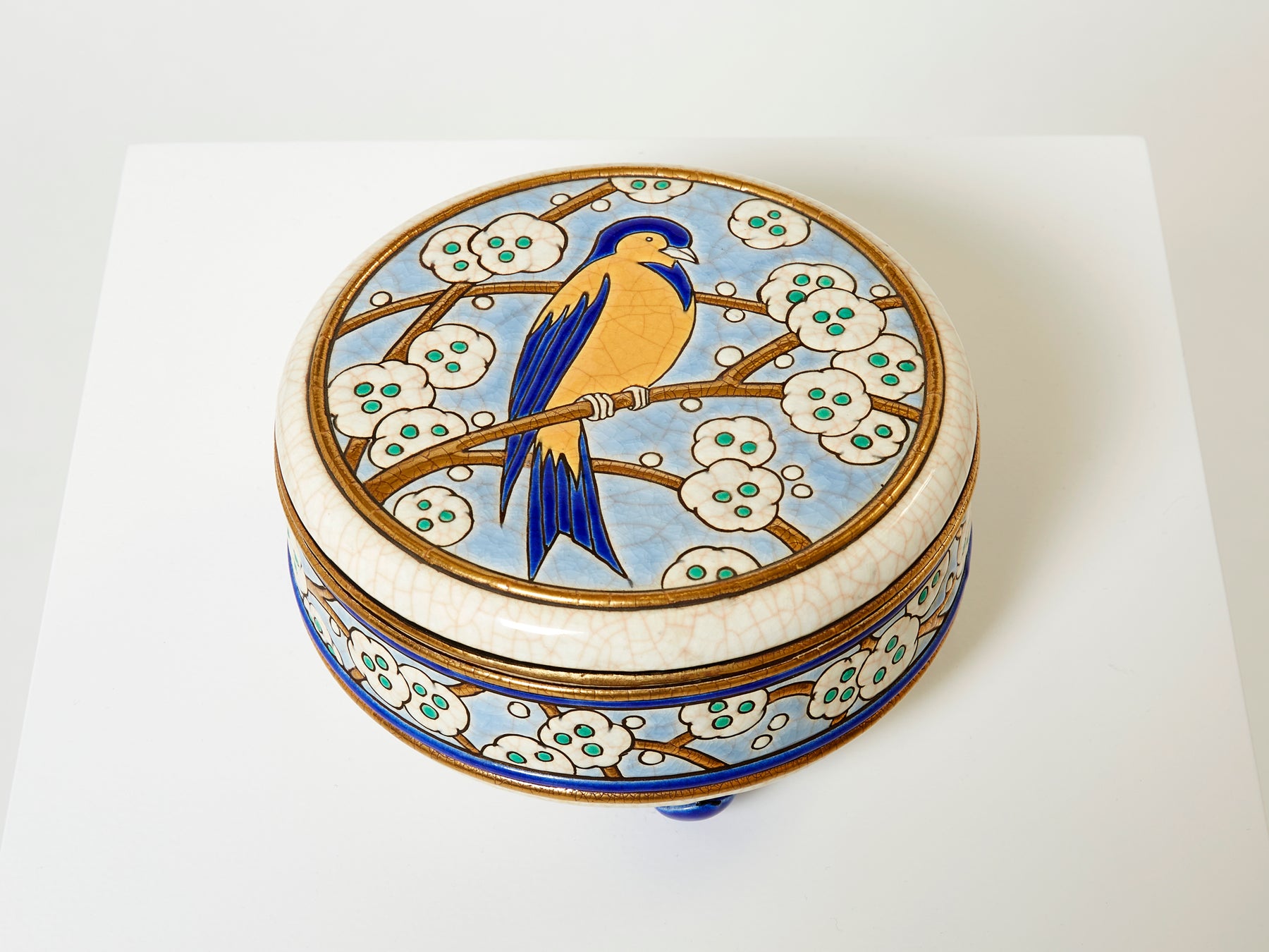 Large round bird Art deco box Emaux de Longwy 1940