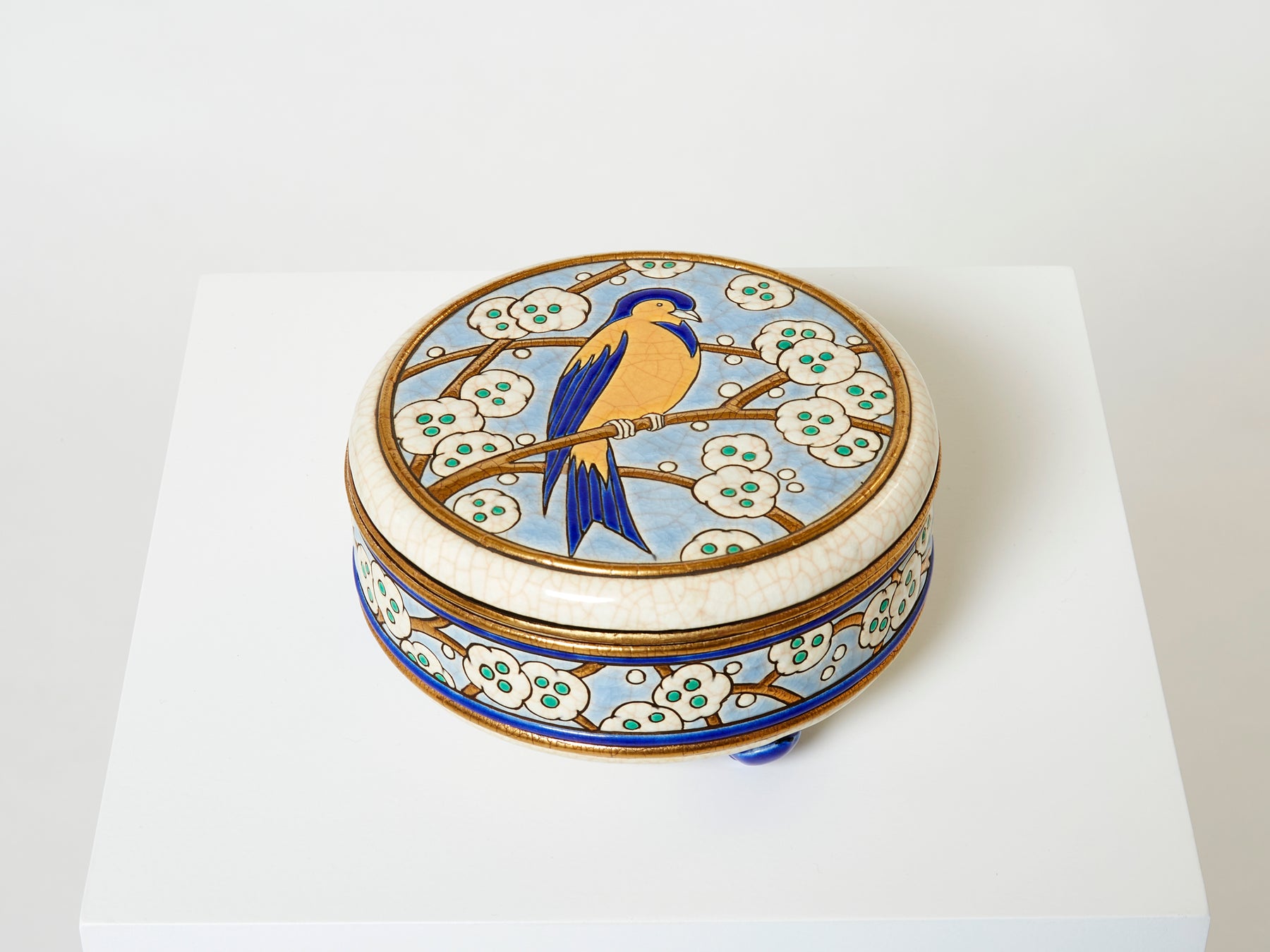 Large round bird Art deco box Emaux de Longwy 1940