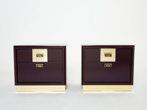 Pair of Italian Luciano Frigerio Plum lacquered brass nightstands tables 1970s