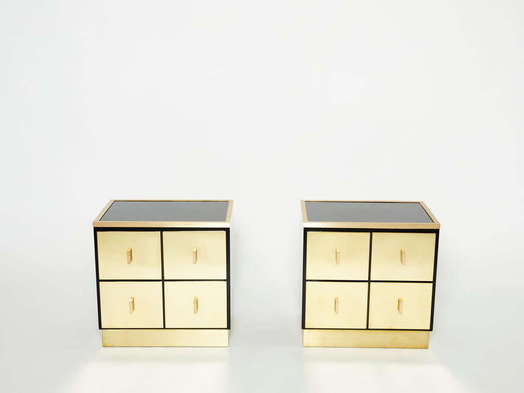 Pair of Italian Luciano Frigerio black lacquered brass nightstands tables 1970s